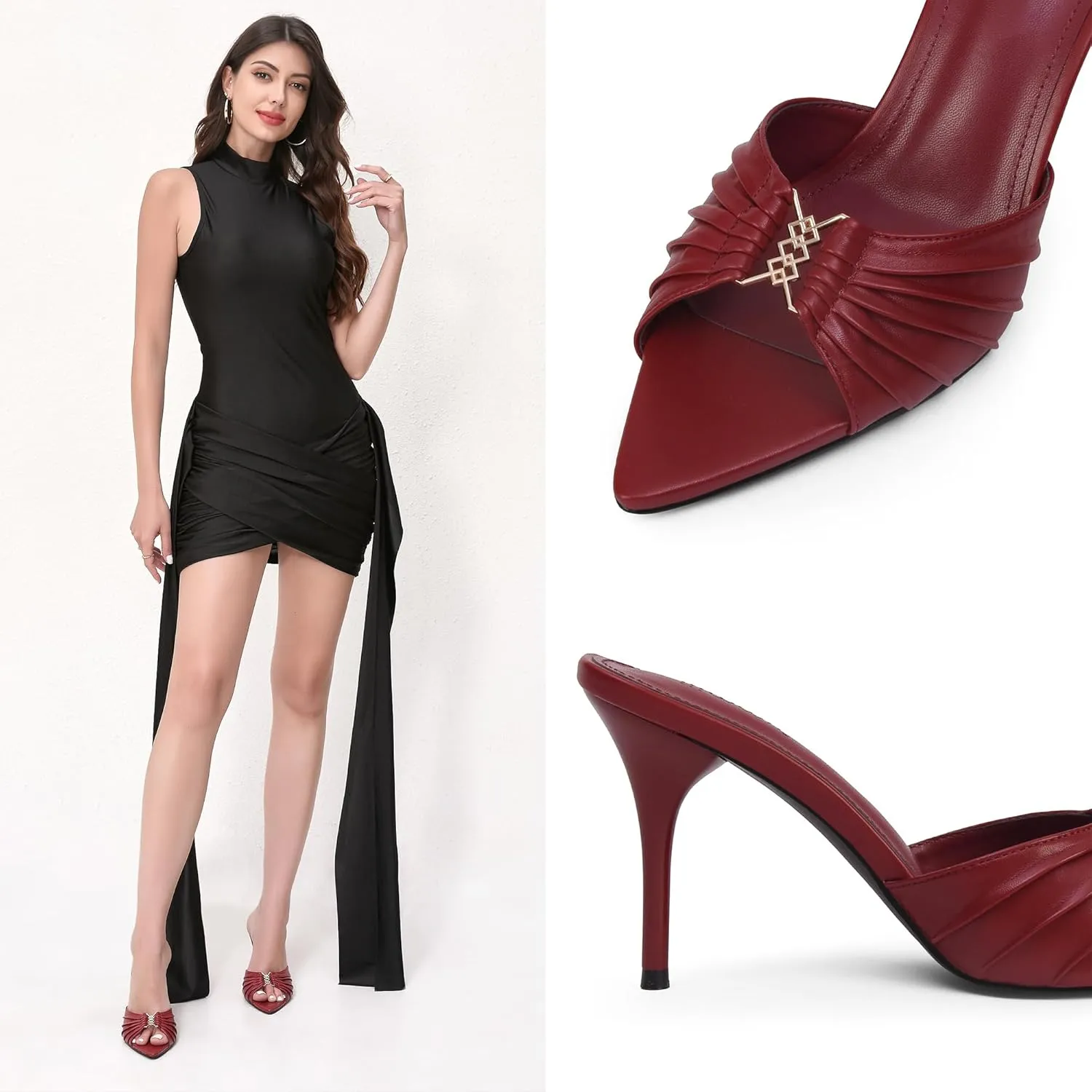 iiimmu 3.5 IN Stiletto Mules High Heels with Pointed Peep Toe Heeled Sandals Faux Leather