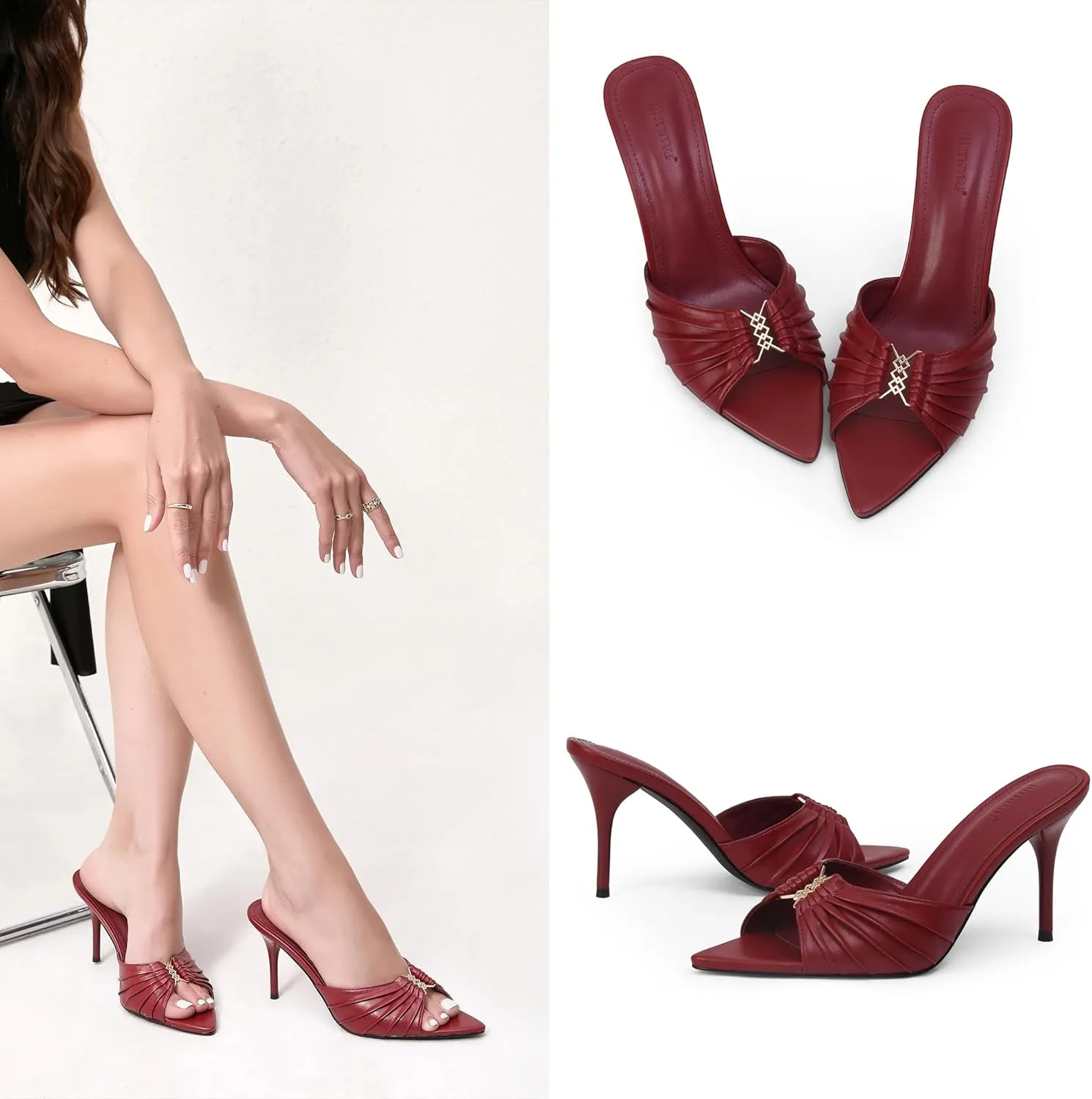 iiimmu 3.5 IN Stiletto Mules High Heels with Pointed Peep Toe Heeled Sandals Faux Leather