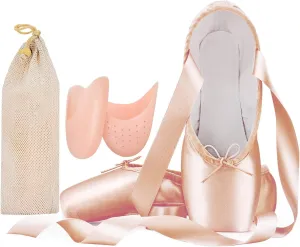 IJONDA Adult Ballet Pointe Shoes for Girls Women with Toe Pads and Mesh Bag