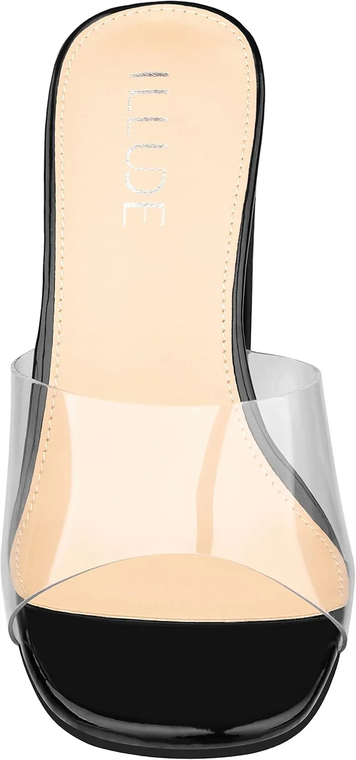 ILLUDE Women’s Block Heel Single Strap Square Toe Heeled Sandal Slip On Mule - Demi