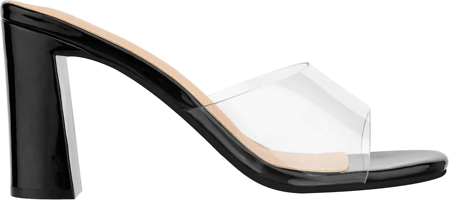 ILLUDE Women’s Block Heel Single Strap Square Toe Heeled Sandal Slip On Mule - Demi