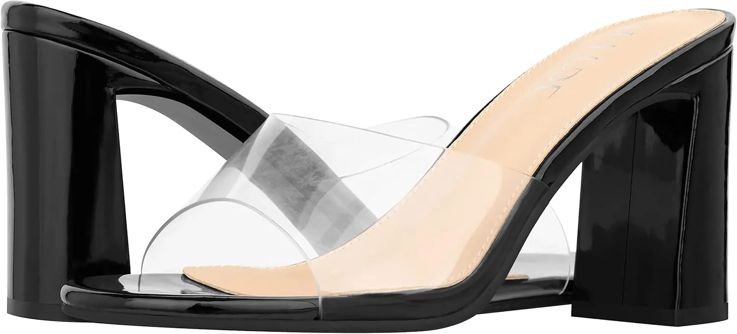 ILLUDE Women’s Block Heel Single Strap Square Toe Heeled Sandal Slip On Mule - Demi