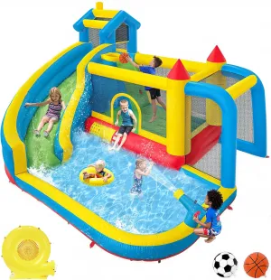 Inflatable Bounce House with Water Slide for 3-12 Kids Backyard, 10 in 1 Blow Up Jumping Bouncer with Slide, Climbing Wall, Obstacles, Trampoline, Toys, Indoor and Outdoor, Come with Blower