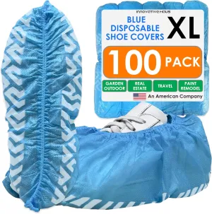 Innovative Haus Blue Indoor Disposable Shoe Covers - Disposable Non Slip Boot Covers - Indoor Reusable Booties - Treads - Water Resistant - 100 Pack, Extra Large