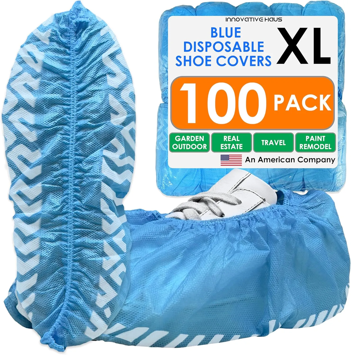 Innovative Haus Blue Indoor Disposable Shoe Covers - Disposable Non Slip Boot Covers - Indoor Reusable Booties - Treads - Water Resistant - 100 Pack, Extra Large
