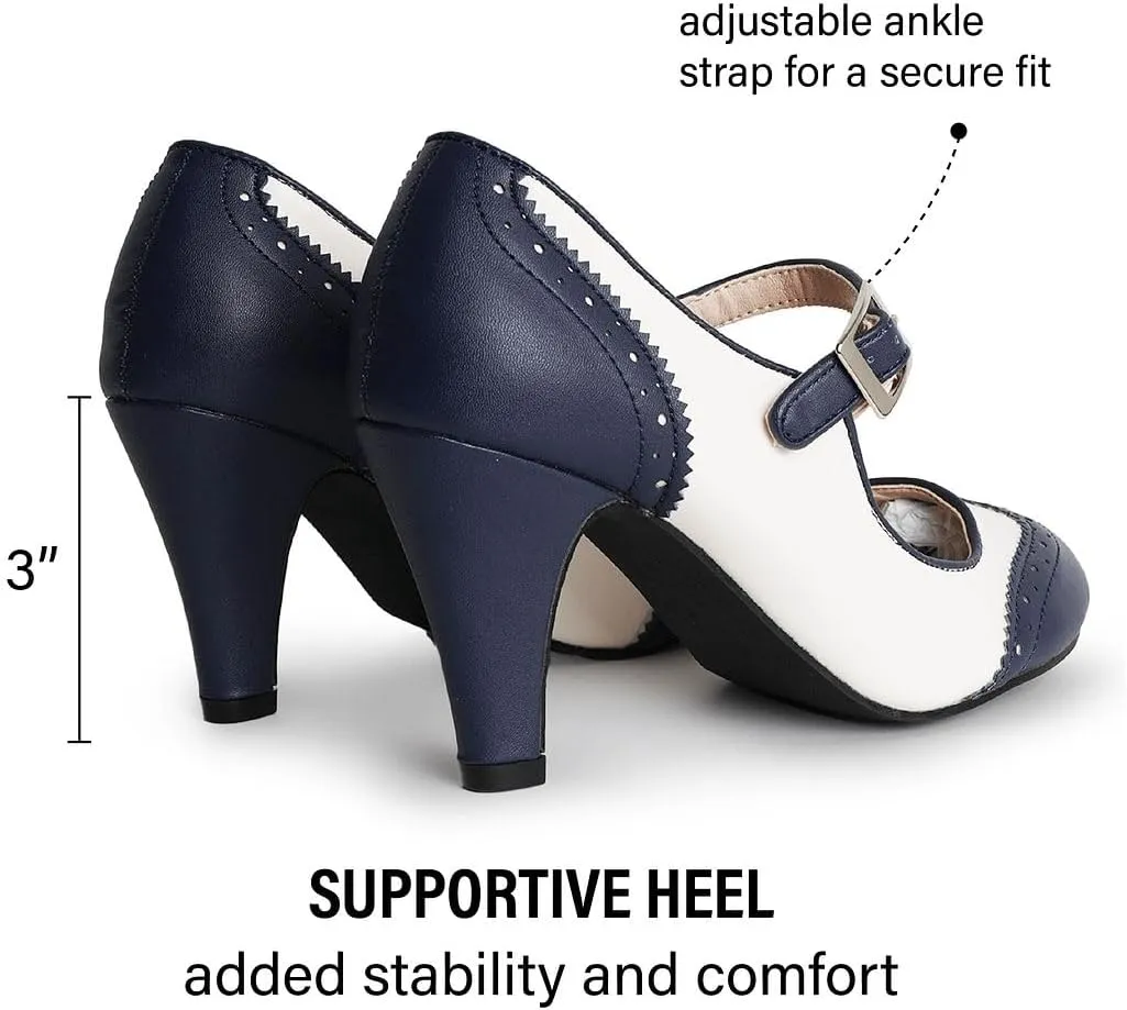 J. Adams Mary Jane Oxford Pumps - Cute Low Kitten Heels - Retro Round Toe Shoe with Ankle Strap - Kym