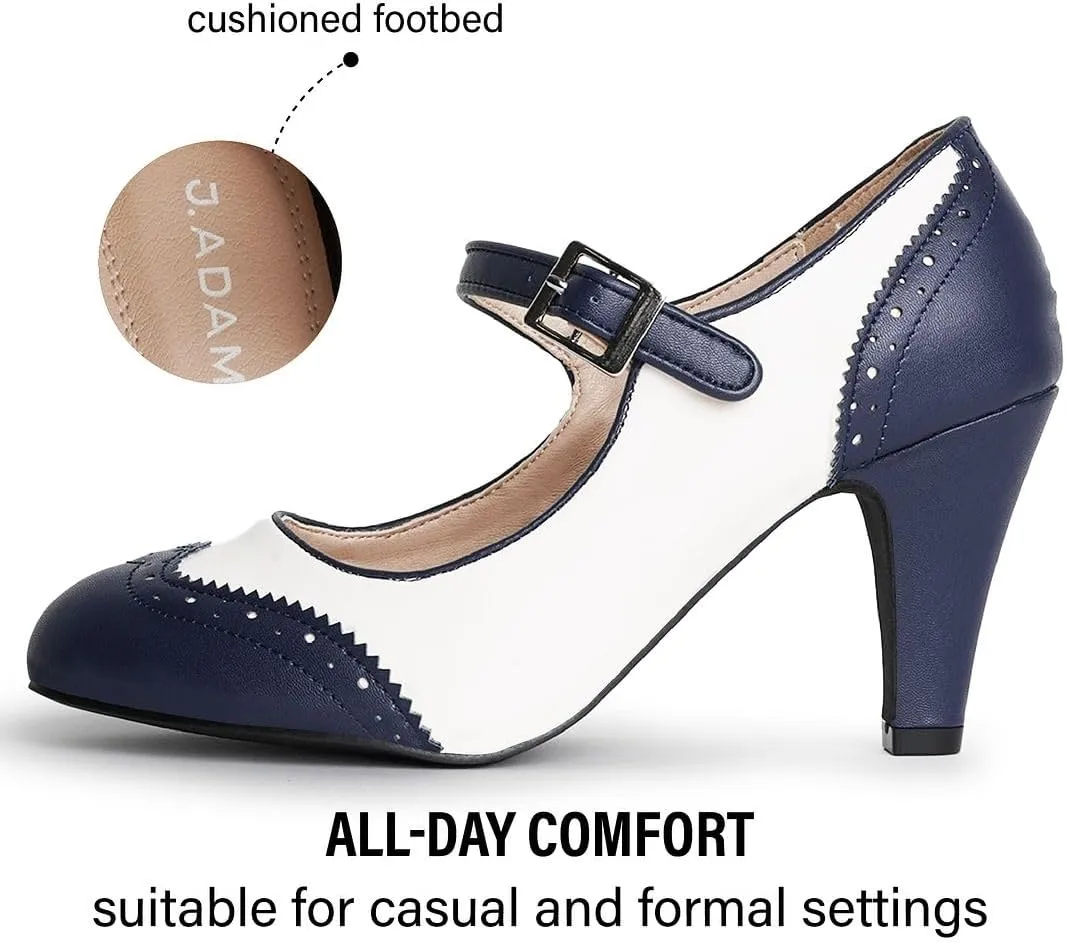 J. Adams Mary Jane Oxford Pumps - Cute Low Kitten Heels - Retro Round Toe Shoe with Ankle Strap - Kym