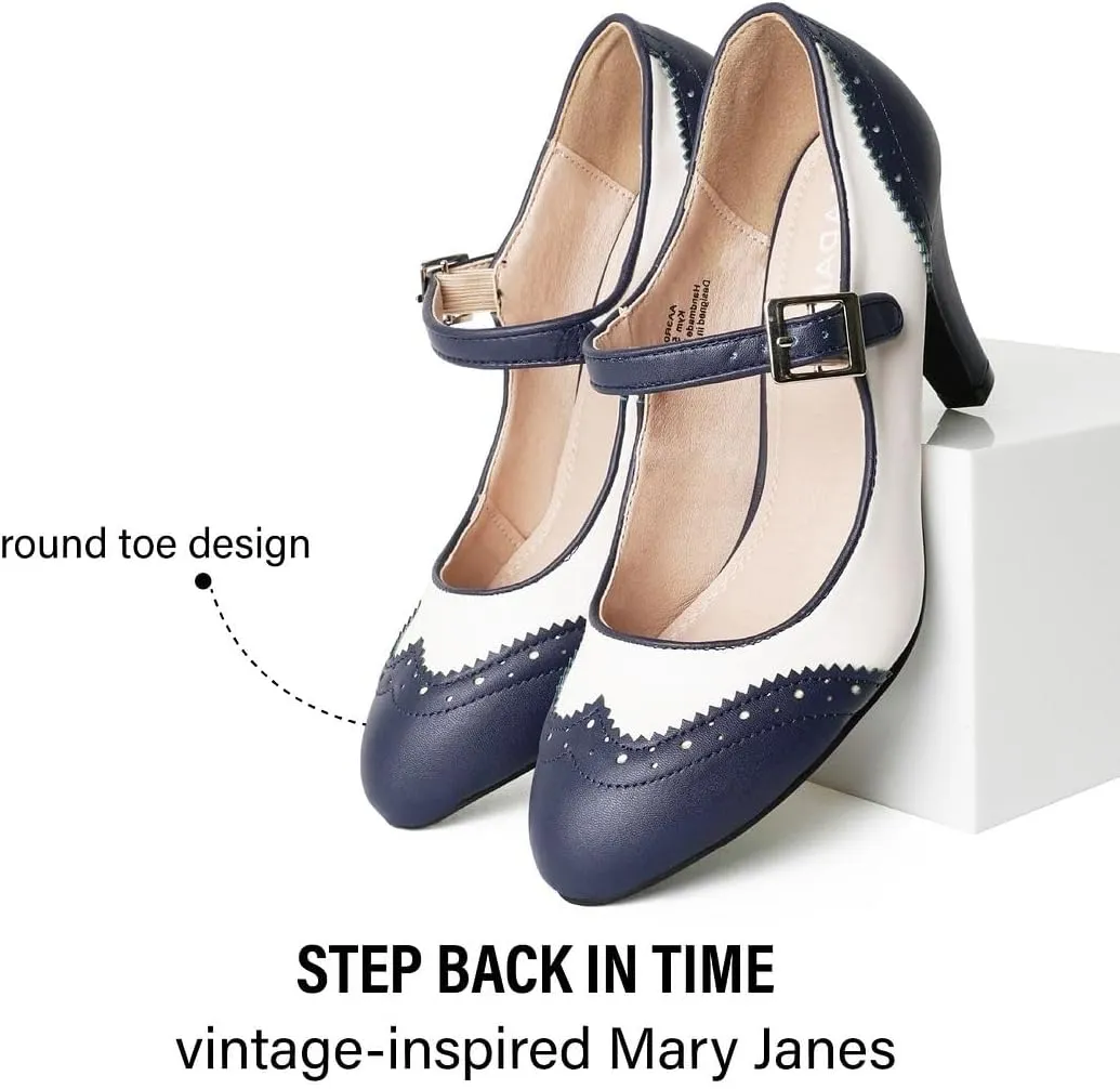 J. Adams Mary Jane Oxford Pumps - Cute Low Kitten Heels - Retro Round Toe Shoe with Ankle Strap - Kym