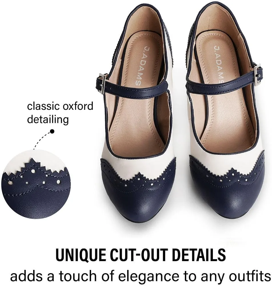 J. Adams Mary Jane Oxford Pumps - Cute Low Kitten Heels - Retro Round Toe Shoe with Ankle Strap - Kym