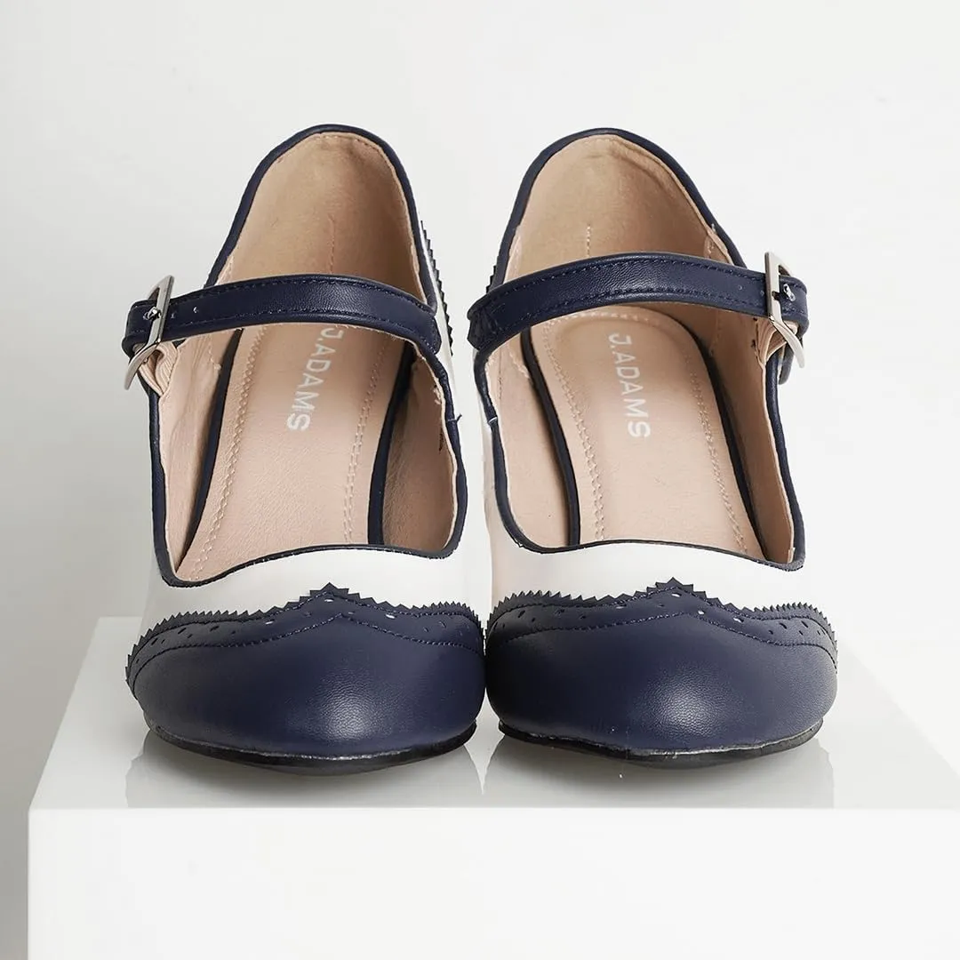 J. Adams Mary Jane Oxford Pumps - Cute Low Kitten Heels - Retro Round Toe Shoe with Ankle Strap - Kym