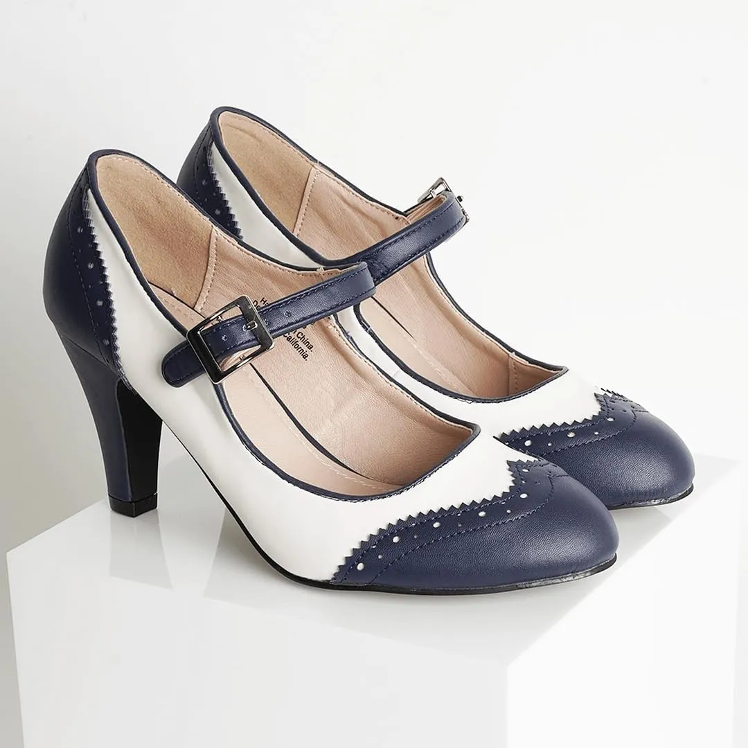 J. Adams Mary Jane Oxford Pumps - Cute Low Kitten Heels - Retro Round Toe Shoe with Ankle Strap - Kym