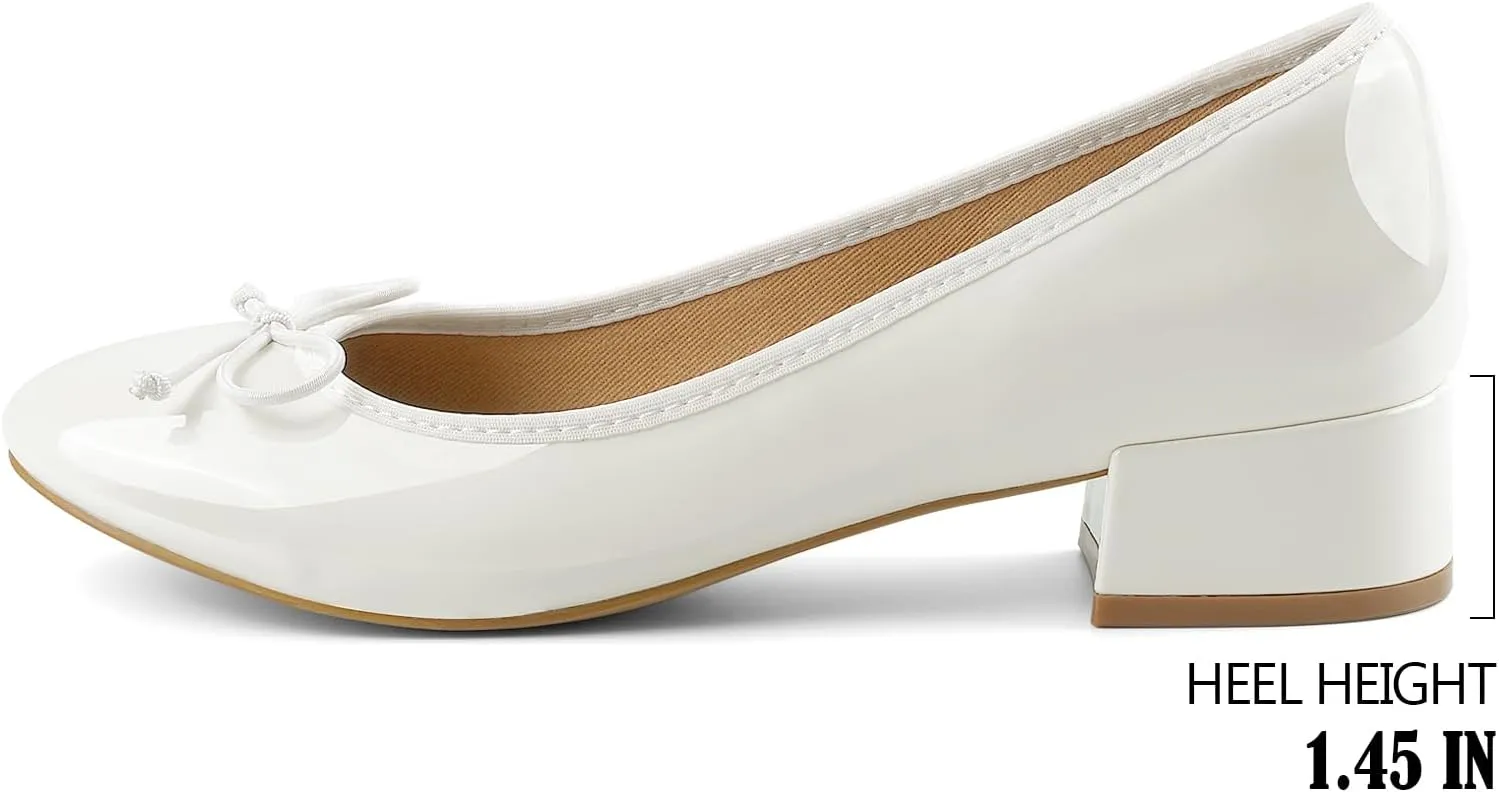JENN ARDOR Chunky Block Low Heels Bow Round Closed Toe Comfort Work Casual Slip-On Bridal Wedding Guest Dress Cute Ballet Pumps Shoes for Women