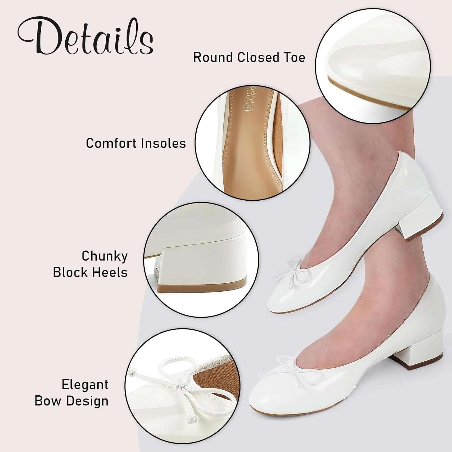 JENN ARDOR Chunky Block Low Heels Bow Round Closed Toe Comfort Work Casual Slip-On Bridal Wedding Guest Dress Cute Ballet Pumps Shoes for Women