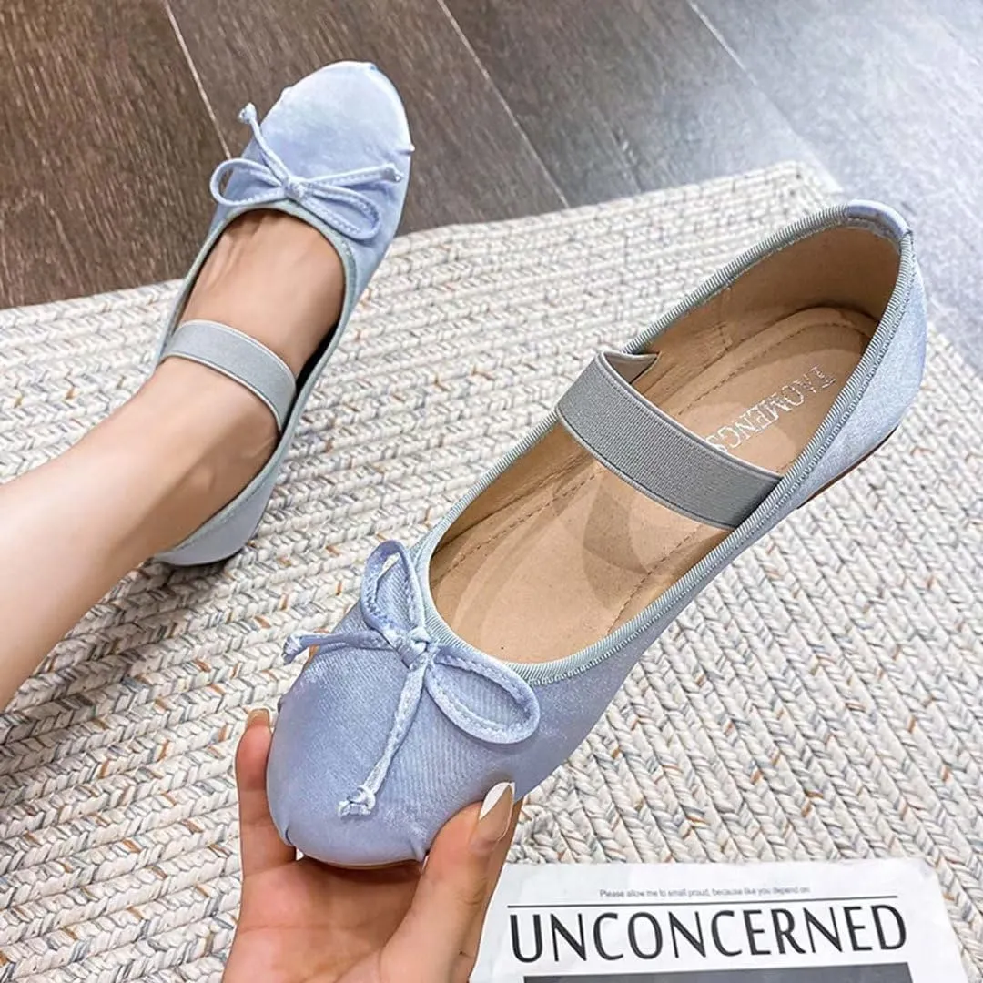 JOEupin Women's Pink Ballet Flats with Bow - Comfortable & Lightweight Shoes | Ballet Flats with Strap | Non-Slip Sole & Cushioned Arch Support Slip-On Shoes for Wedding/Work