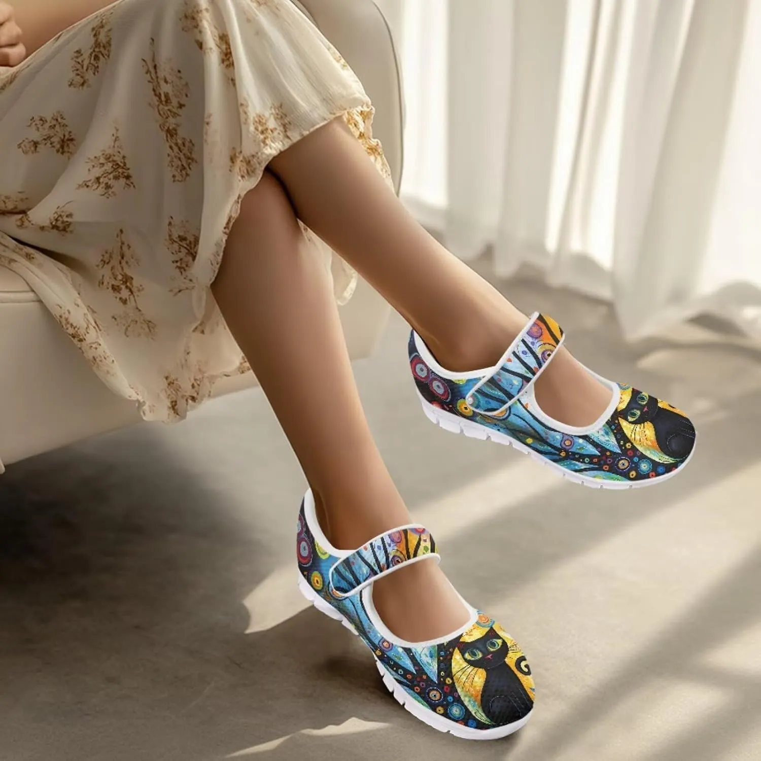 JoyLamoria Women’s Breathable Walking Shoes Trainer Sport Sneakers Adjustable Flats,Tropical Sloth Palm Leaves Print