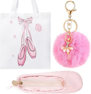 Kacctyen 3 Pcs Ballerina Canvas Tote Bag Ballet Dance Shoe Makeup Bag Pom Pom Keychain with Ballet Dancer for Ballerina Women Travel Birthday Gifts