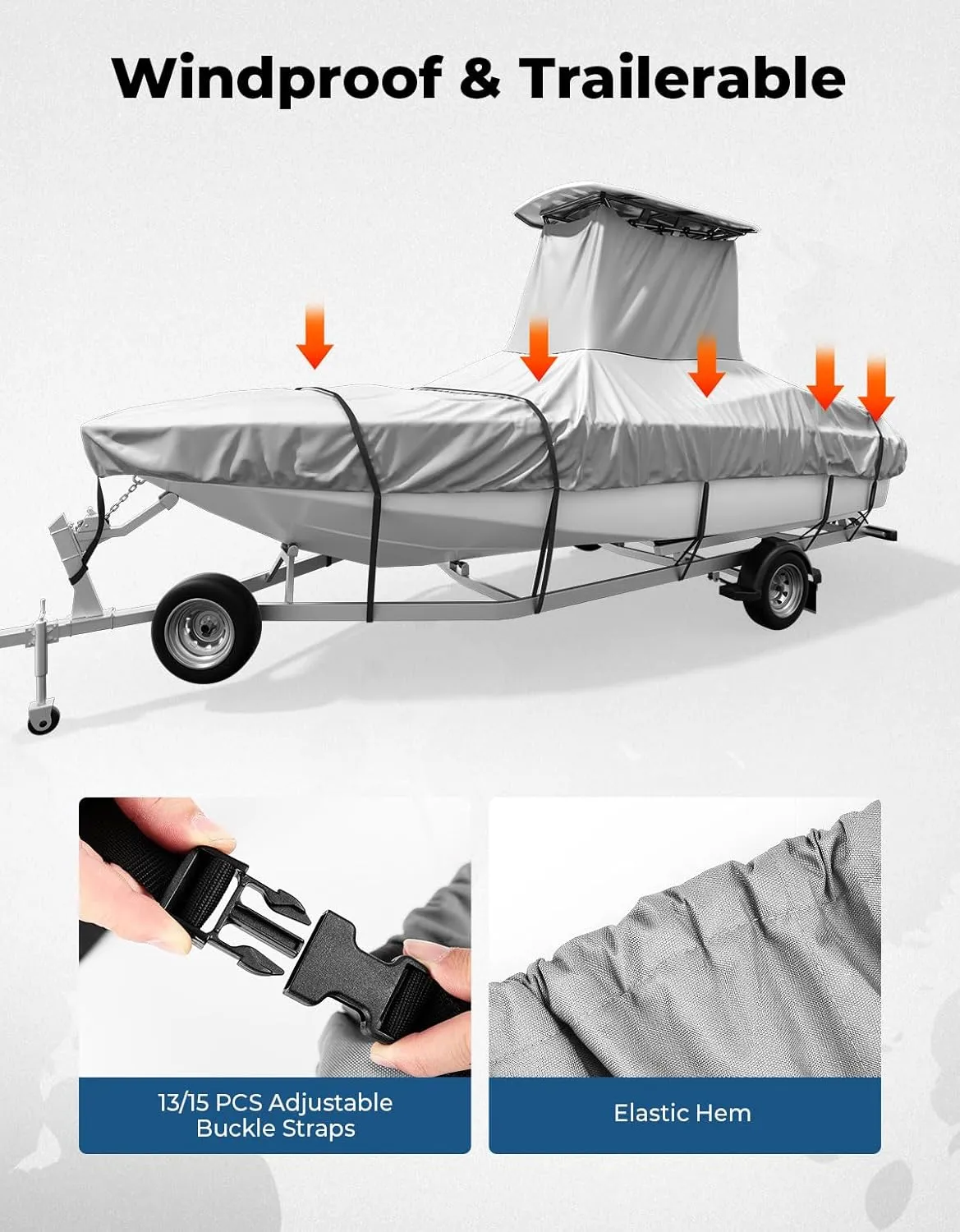 KEMIMOTO Heavy Duty 600D Oxford T-Top Boat Cover with PU Coating, Waterproof & Tear-Resistant for Center Console Boats, Fits 26-28 ft Length, Beam Width up to 116"