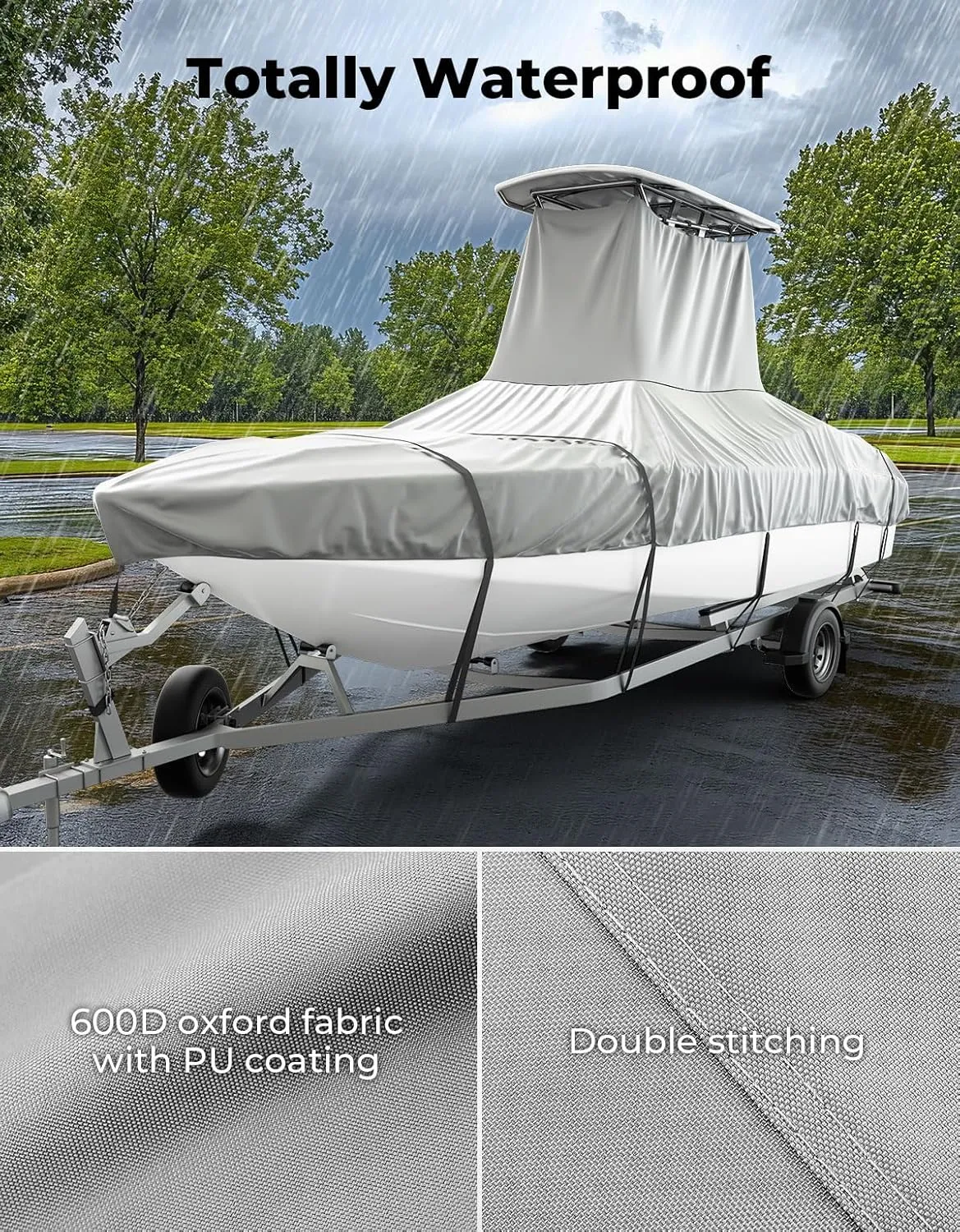 KEMIMOTO Heavy Duty 600D Oxford T-Top Boat Cover with PU Coating, Waterproof & Tear-Resistant for Center Console Boats, Fits 26-28 ft Length, Beam Width up to 116"