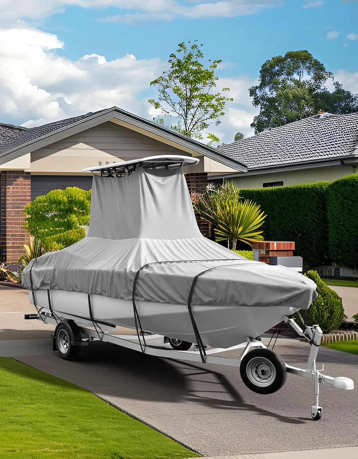 KEMIMOTO Heavy Duty 600D Oxford T-Top Boat Cover with PU Coating, Waterproof & Tear-Resistant for Center Console Boats, Fits 26-28 ft Length, Beam Width up to 116"