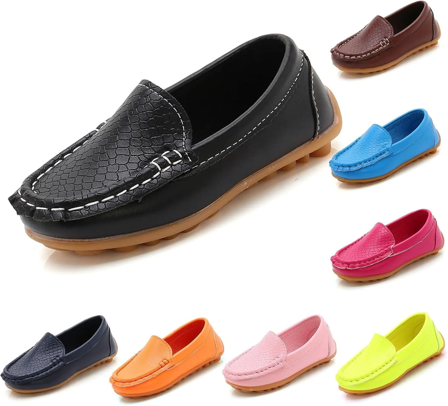 Kids Leather Loafers Slip-On Texture Flats Girls Boys Boat Shoes Toddler Soft Sole Moccasins School Tennis Shoes