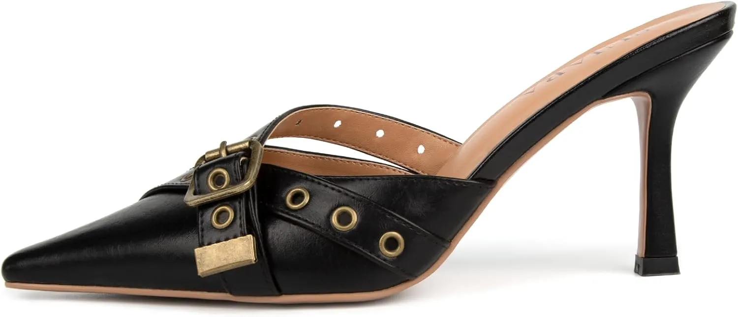 Kitten Heels for Women Closed Toe Heels Vintage Heeled Mules Sexy Pointy Studded Slip on Stiletto Dressy Pumps