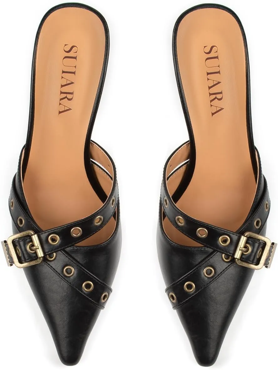Kitten Heels for Women Closed Toe Heels Vintage Heeled Mules Sexy Pointy Studded Slip on Stiletto Dressy Pumps