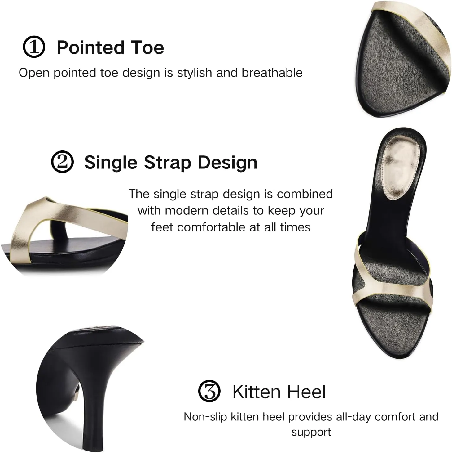 Kitten Heels for Women Single Strap Low Heel Open Toe Mule Shoes Non Slip Sandals