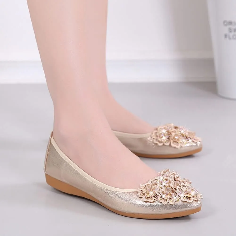 KUNWFNIX Women Ballet Flats Rhinestone Wedding Ballerina Shoes Foldable Sparkly Comfort Slip on Flat Shoes