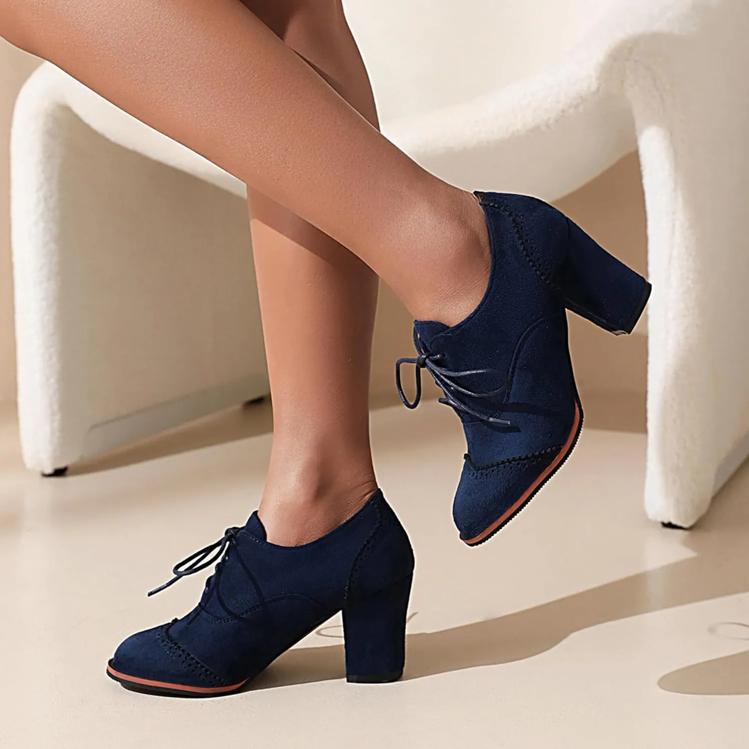 Lace Up Brogue Oxford Women Block Heel Pumps