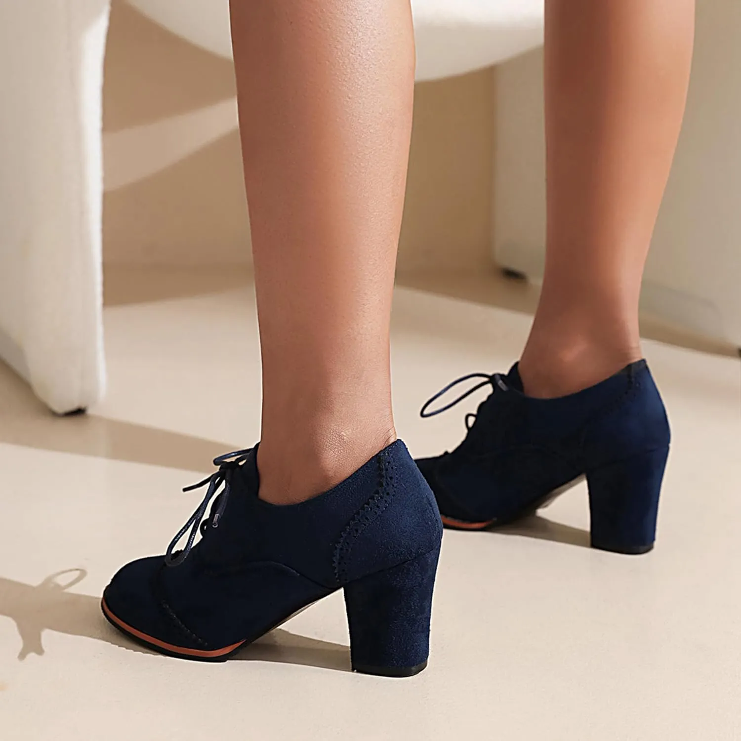 Lace Up Brogue Oxford Women Block Heel Pumps