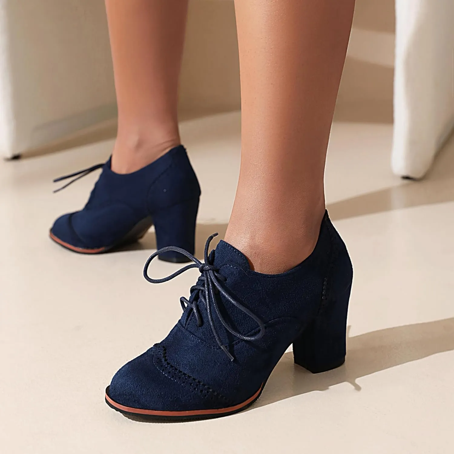 Lace Up Brogue Oxford Women Block Heel Pumps