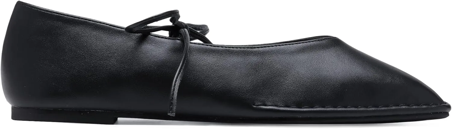 Lace Up Square Toe Ballet Flats for Women Cute Bow Slip On Mary Jane Flats Casual Ballerina Shoes