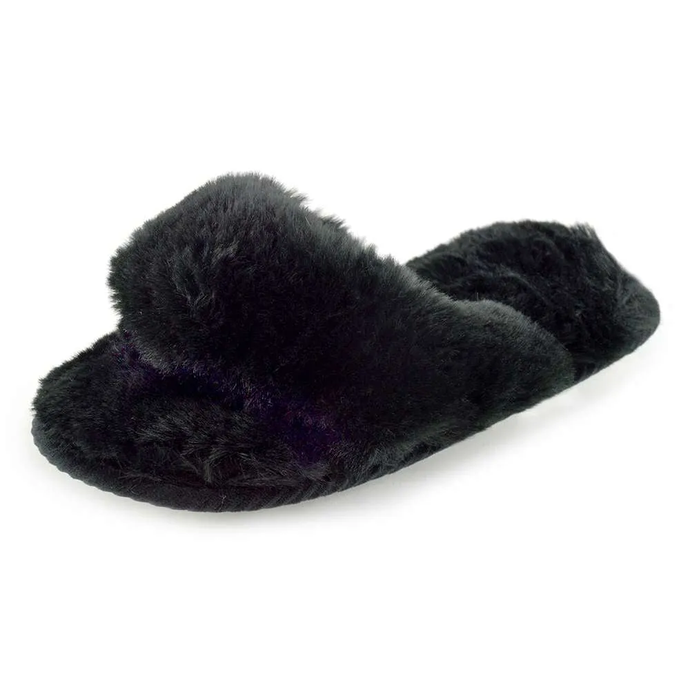 Ladies Faux Fur Open Toe Post Fluffy Slippers - Choose Size & Colour