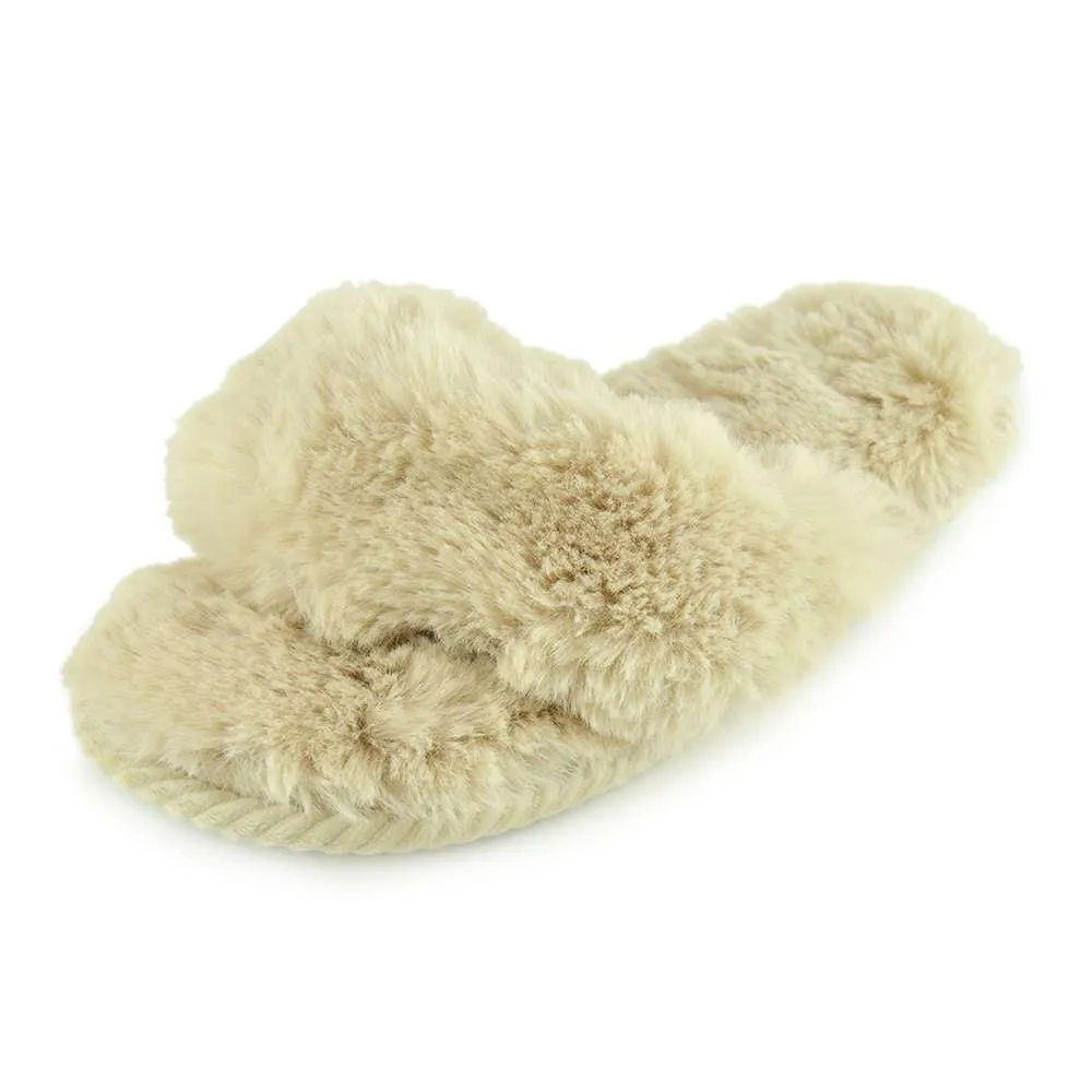 Ladies Faux Fur Open Toe Post Fluffy Slippers - Choose Size & Colour