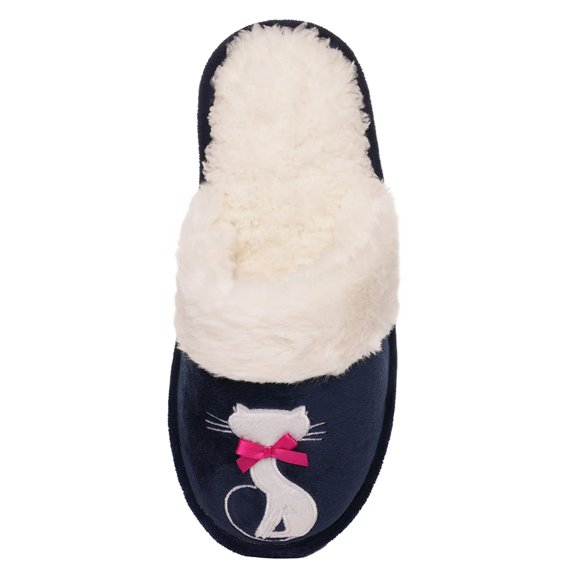 Ladies Pet Design Plush Mule Slip On Slippers with Faux Fur Lining - Dog or Cat
