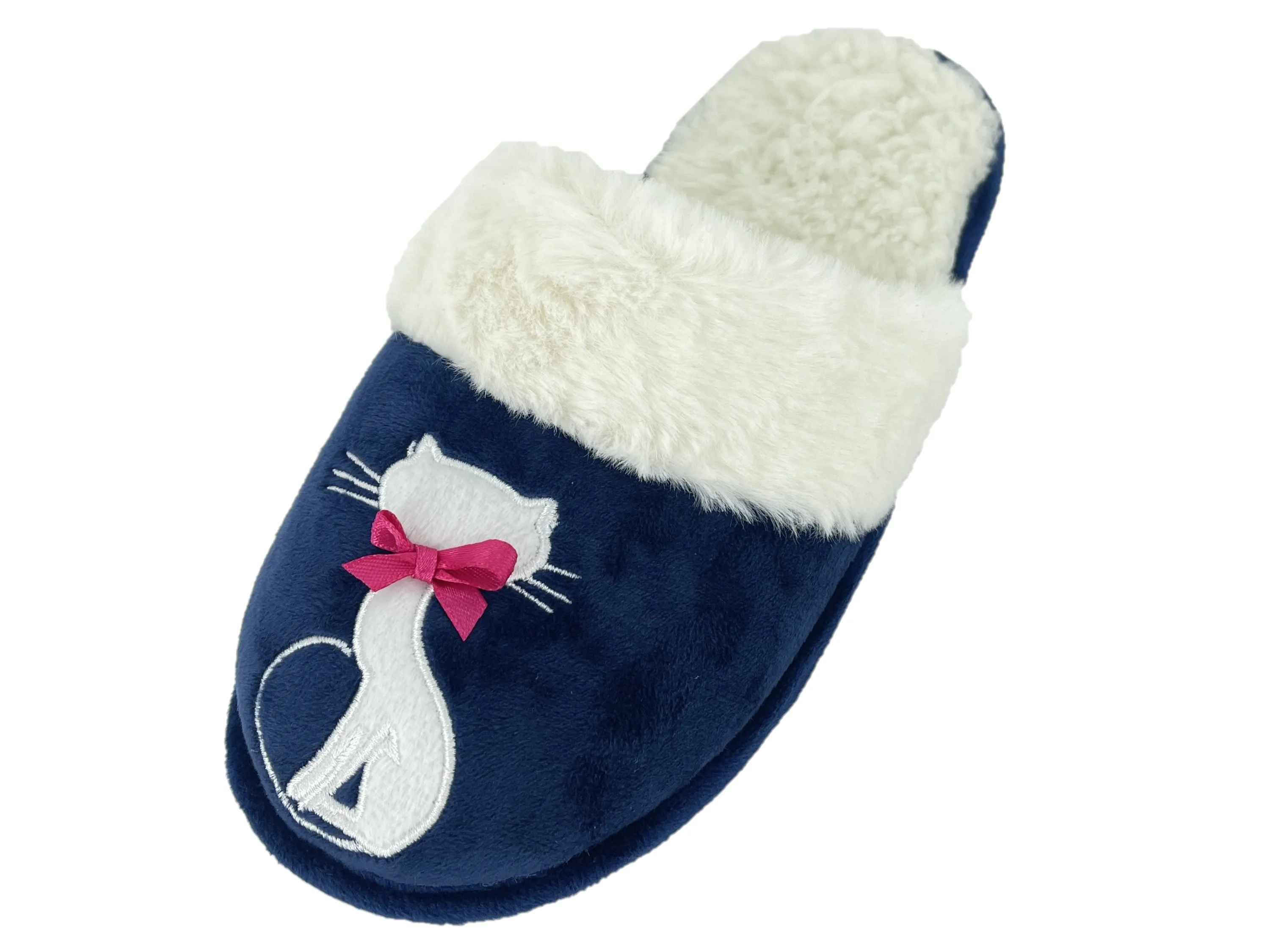 Ladies Pet Design Plush Mule Slip On Slippers with Faux Fur Lining - Dog or Cat