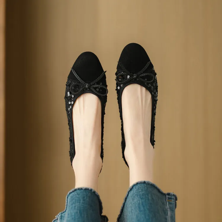 Ladies Round Toe Bow Detail Flat Ballet Shoes
