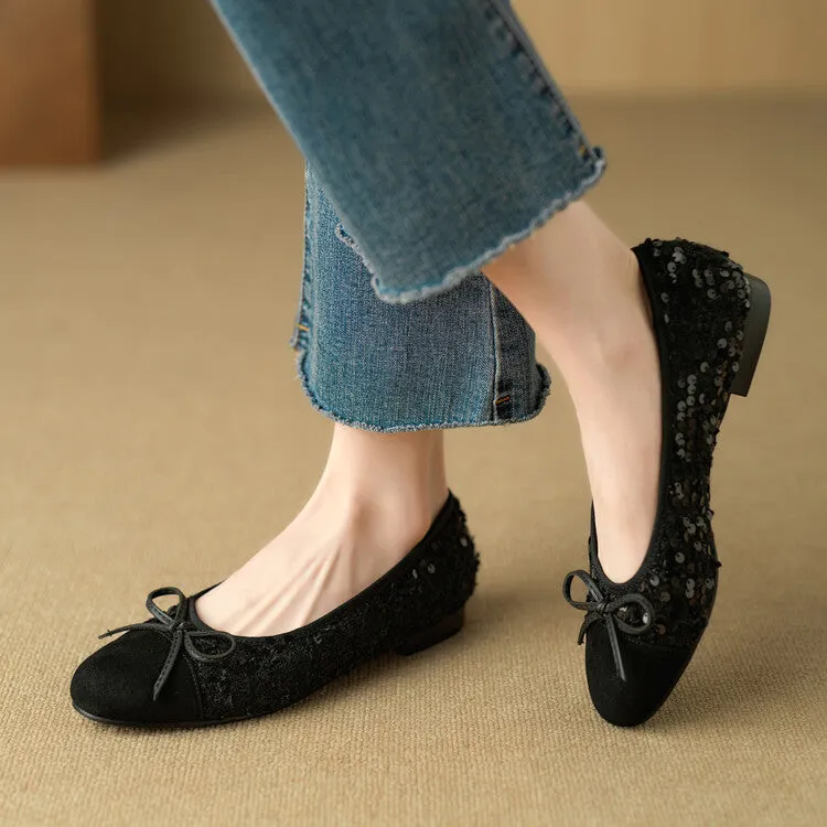 Ladies Round Toe Bow Detail Flat Ballet Shoes