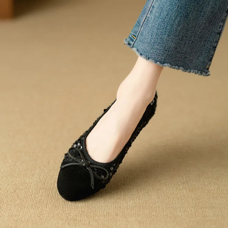 Ladies Round Toe Bow Detail Flat Ballet Shoes