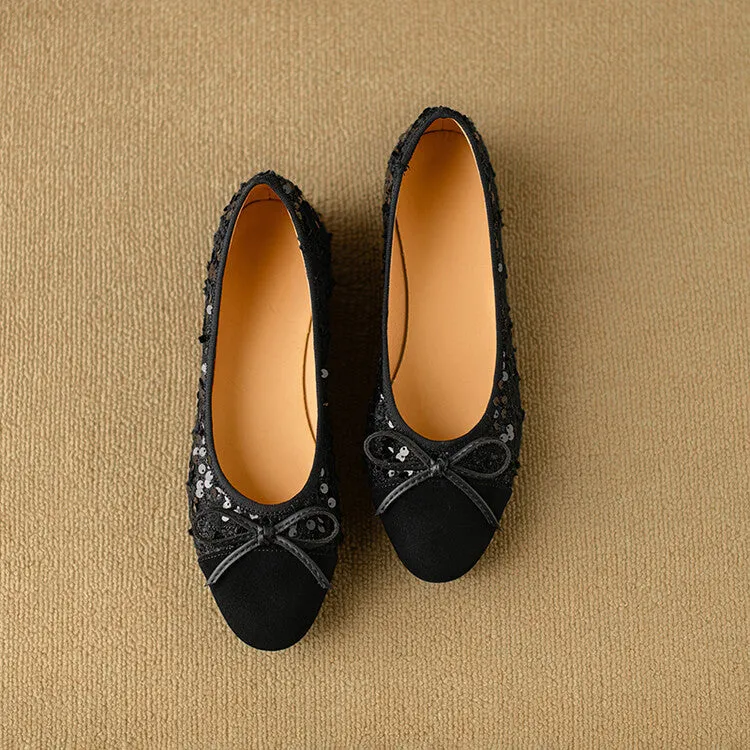 Ladies Round Toe Bow Detail Flat Ballet Shoes