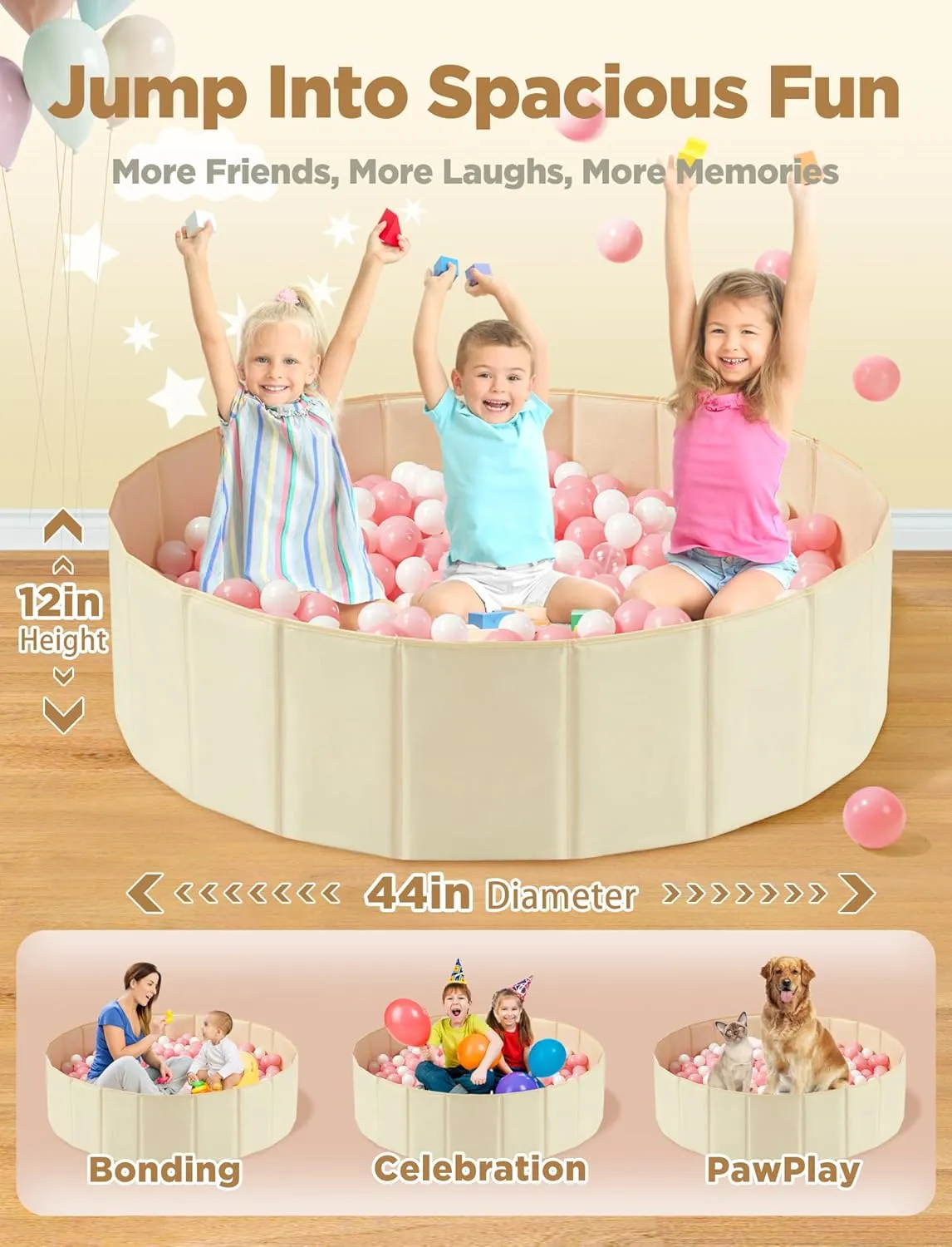 Large Ball Pit for Toddlers - 44 in Baby Ball Pit with Pop-Up Playmat, Foldable Kids Ball Pool, Dog Play Pit, Indoor and Outdoor Use, Hold Over 800 Balls, Balls Not Include (Beige)