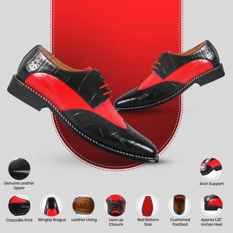 LIBERTYZENO Mens Genuine Leather Adults Wingtip Lace Up Oxford Dress Shoes for Easter Gift