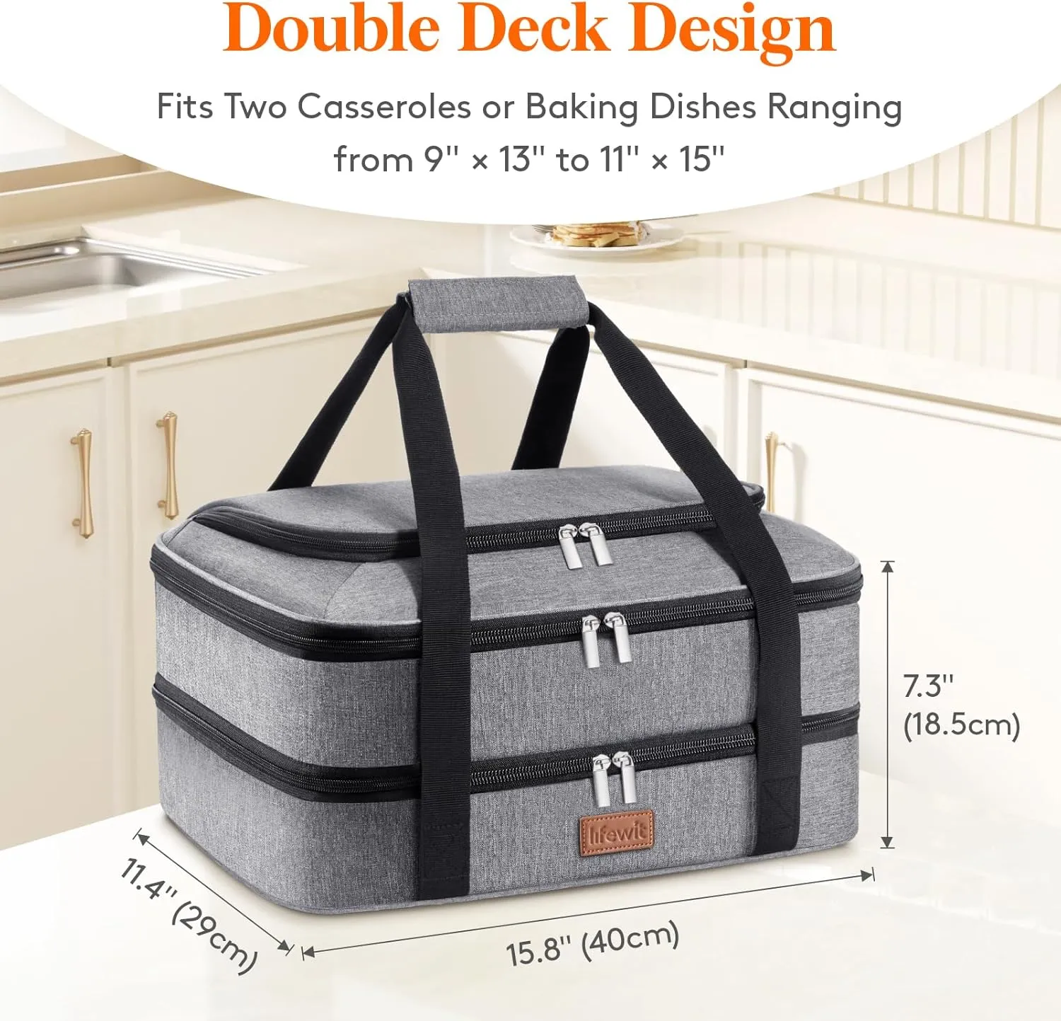 Lifewit Double Decker Casserole Carrier for Hot and Cold Food, Insulated Casserole Dish Carrier Carrying Case with Tool Room, Thermal Bag for Potluck Parties Cookouts Fits 9"×13" Baking Dish, Gray