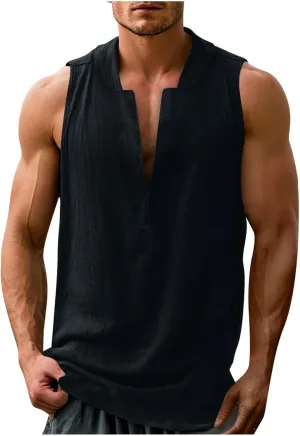 Linen Sleeveless Shirts for Men Beach Vacation Outfits Textured V Neck Tropical Shirt Tank Tops Cut Off Holiday 2025