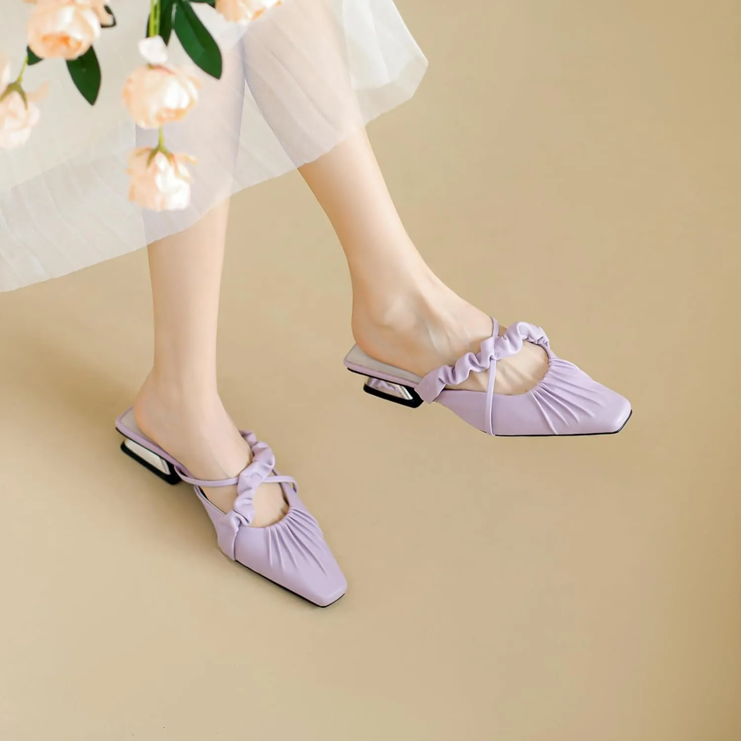 LISYIIZ Women's FS65 Comfort Strapless Slip On Pu Low Flare Slides