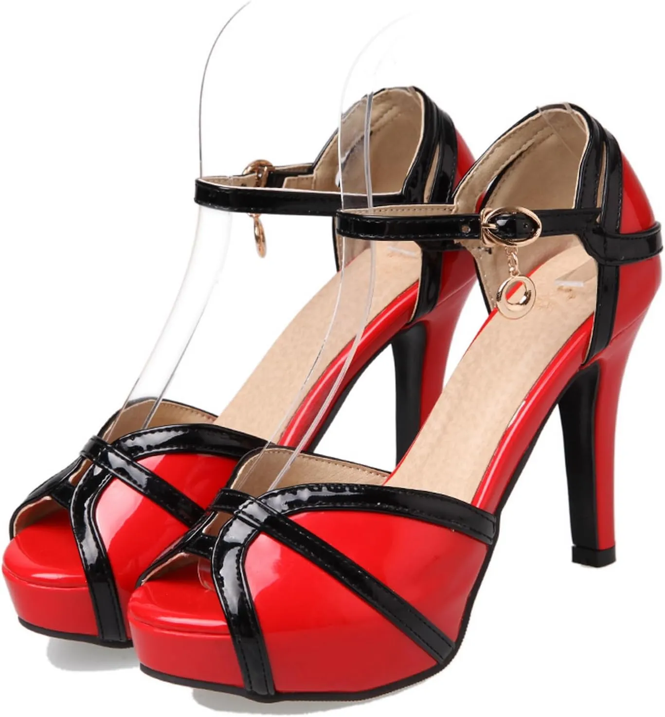 LISYIIZ Women's SS899 Solid Comfort Peep Toe Pu Mid Stiletto Heeled Sandals
