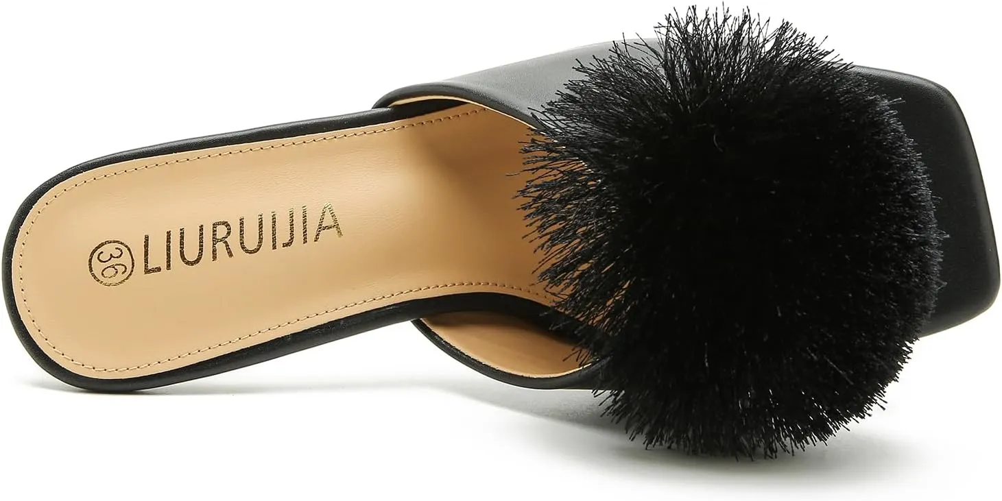 LIURUIJIA Womens Pom Poms Mule Heels Sandals Comfortable Square Toe Low Heels Party Wedding Shoes
