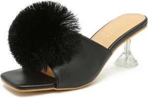 LIURUIJIA Womens Pom Poms Mule Heels Sandals Comfortable Square Toe Low Heels Party Wedding Shoes