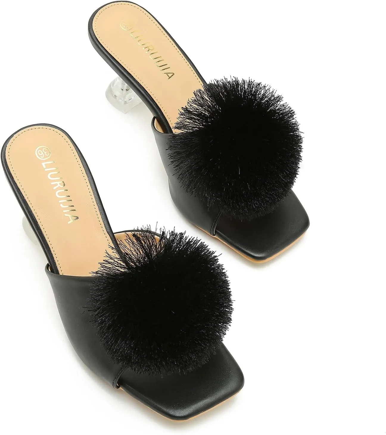 LIURUIJIA Womens Pom Poms Mule Heels Sandals Comfortable Square Toe Low Heels Party Wedding Shoes