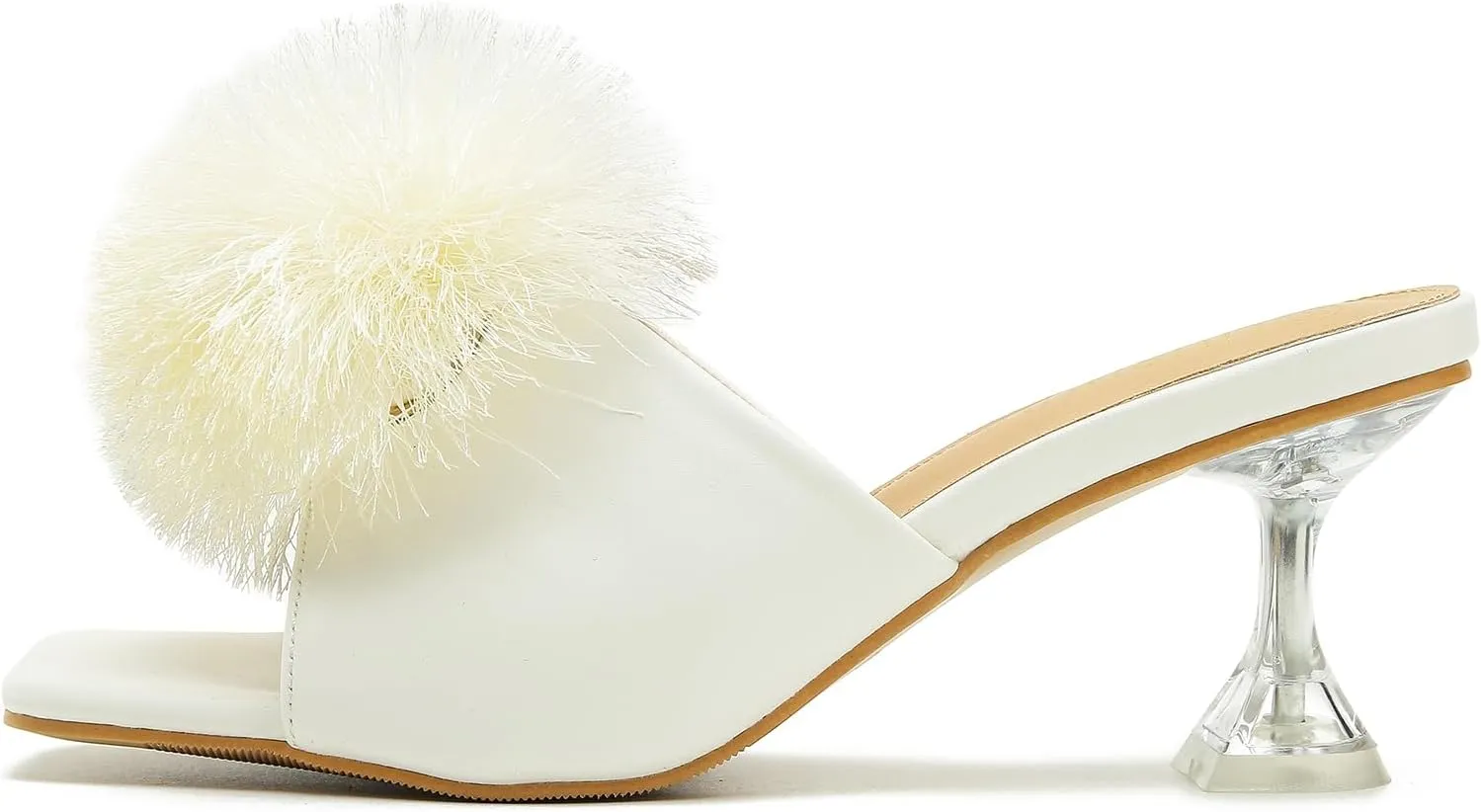 LIURUIJIA Womens Pom Poms Mule Heels Sandals Comfortable Square Toe Low Heels Party Wedding Shoes